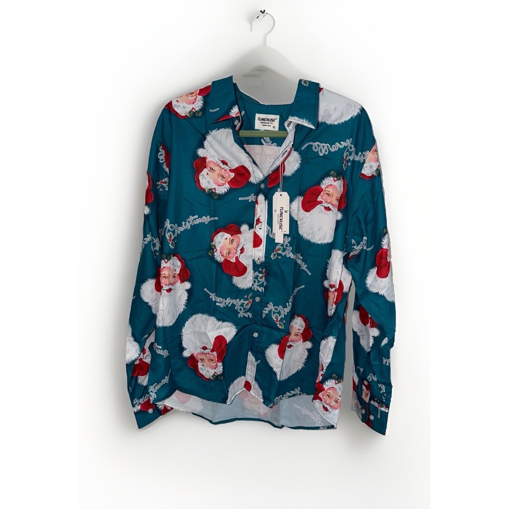 NWT Men's XL Tunevuse Regular Fit Long Sleeve Button Down Santa Claus Shirt Xmas